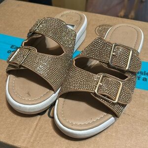 Gold slide sandals